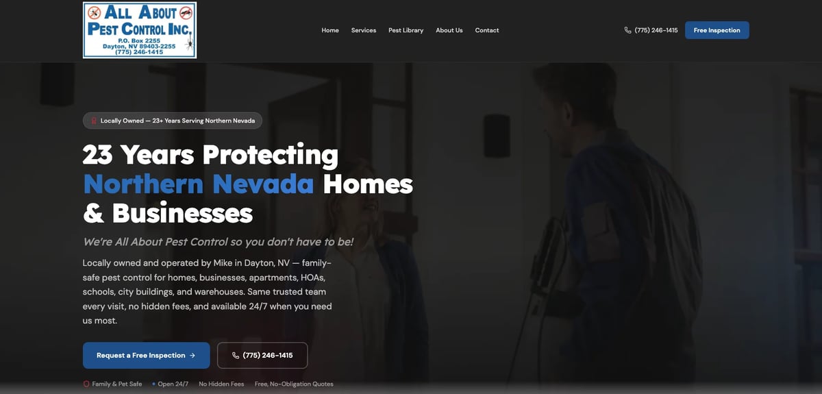 All About Pest Control website homepage showing 23 years protecting Northern Nevada homes and businesses with service menu and contact options
