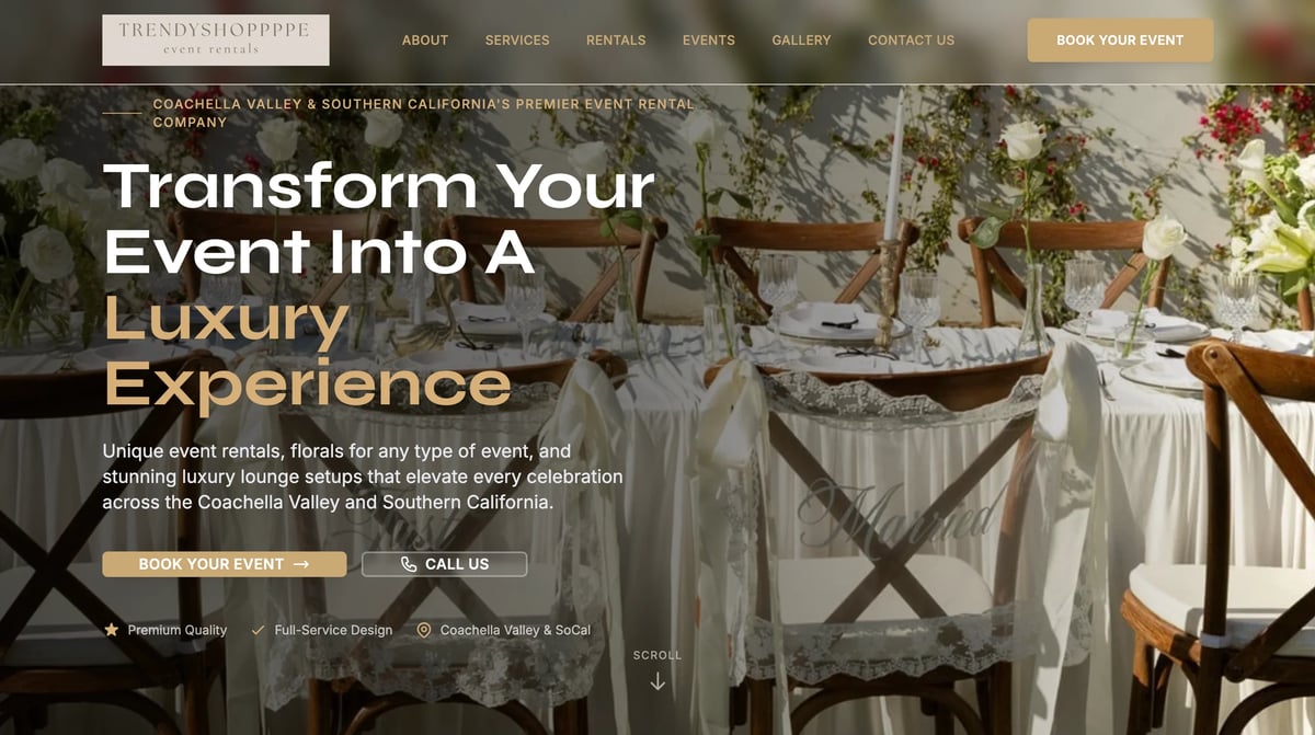 Elegant outdoor event venue with white tablecloths and wood chairs on a patio, advertising luxury event planning services