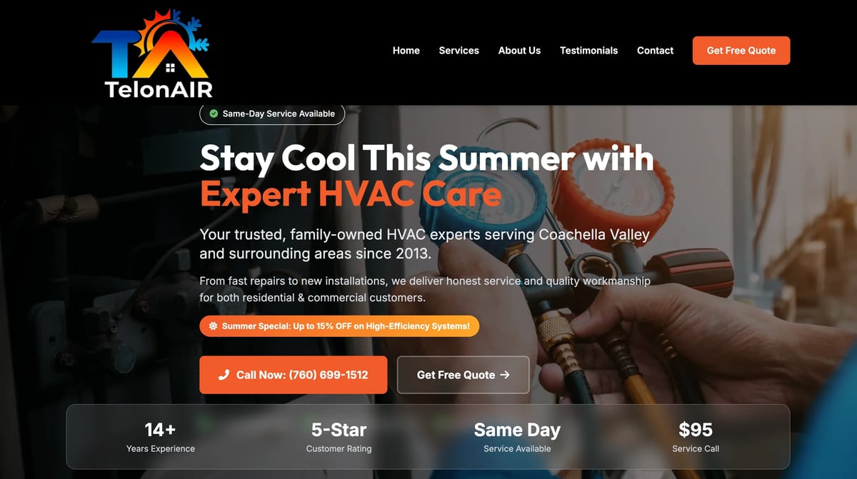 TetonAIR HVAC website header showing a technician performing air conditioning maintenance with service highlights displayed below