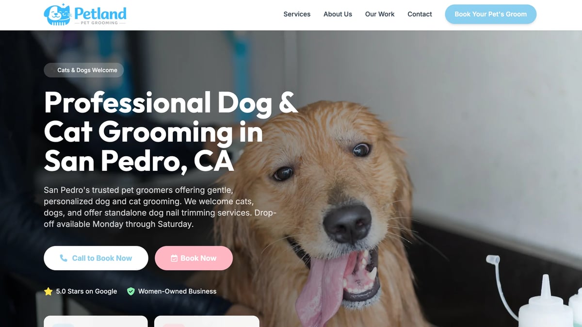 Close-up of a happy golden dog with tongue out. Petland grooming service website header for San Pedro, CA.