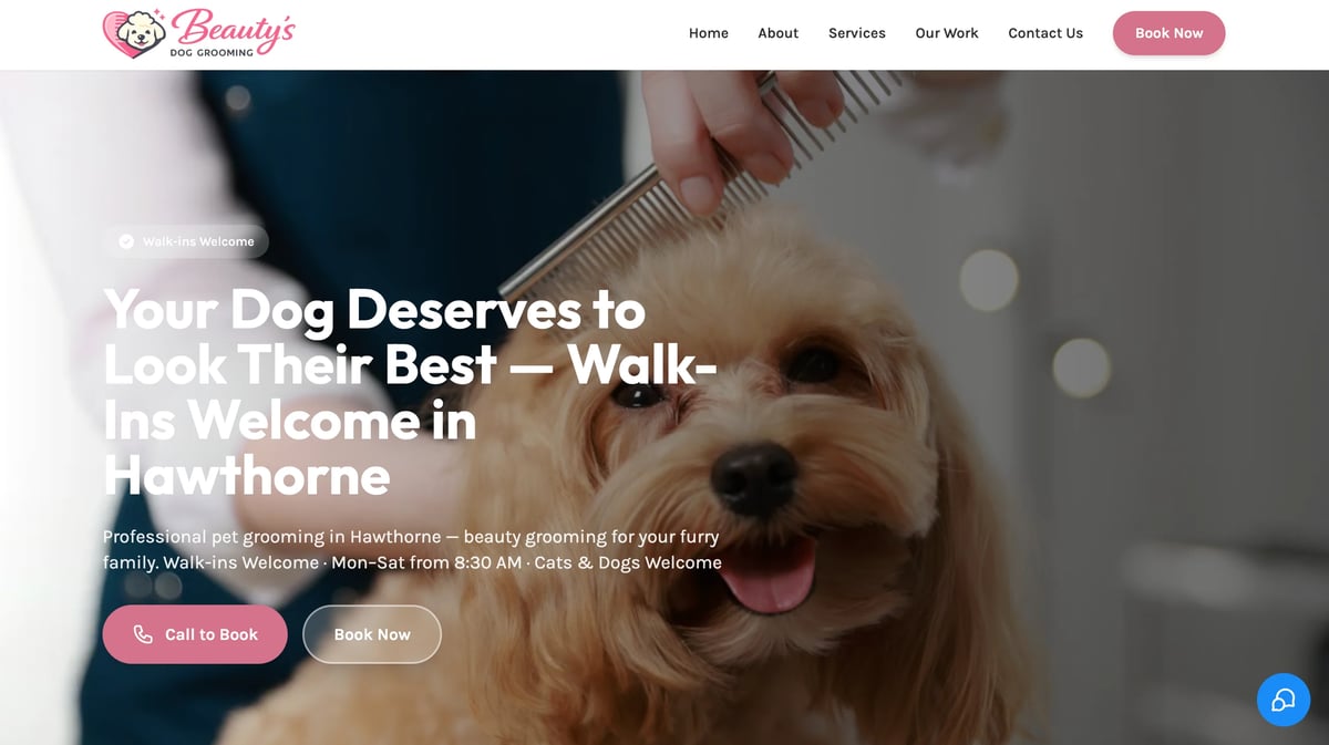 Groomer brushing a small fluffy dogs fur with text promoting dog beauty services in Hawthorne