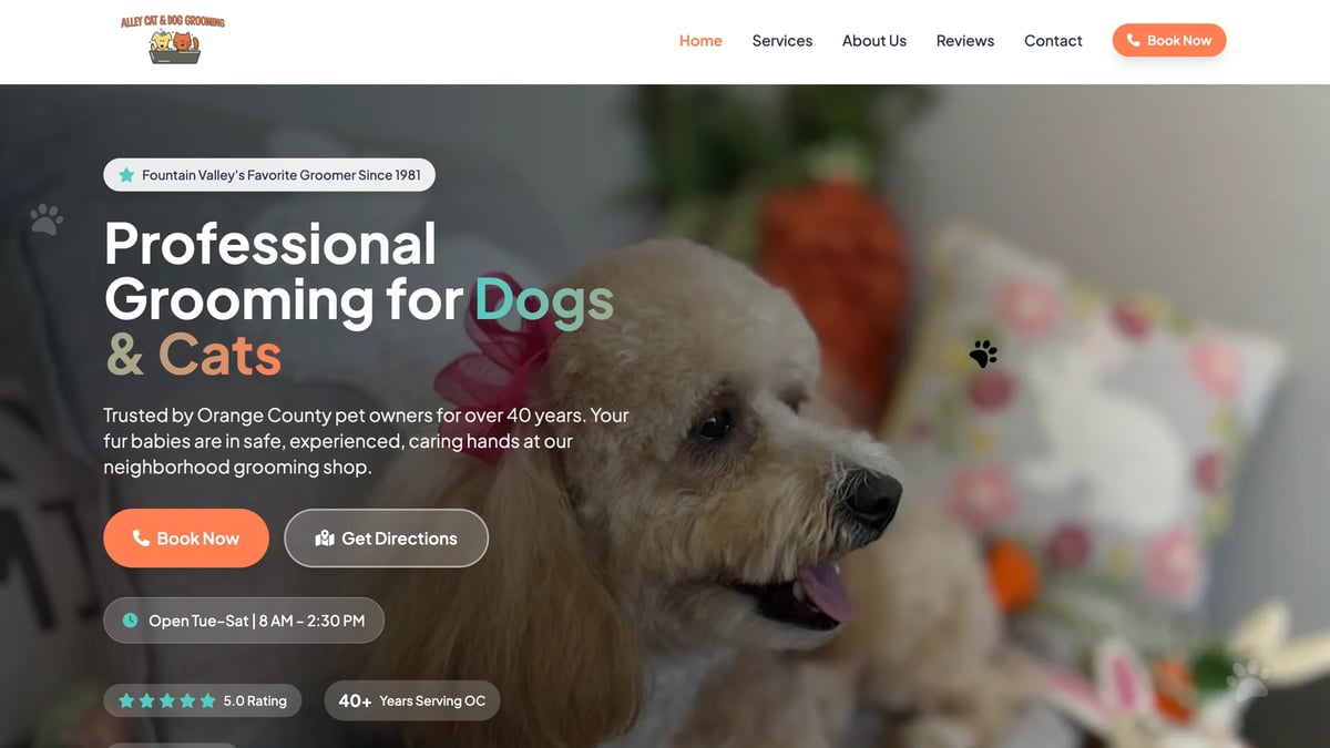 Professional dog grooming website homepage featuring a close-up of a groomed dog with flowers in soft focus background